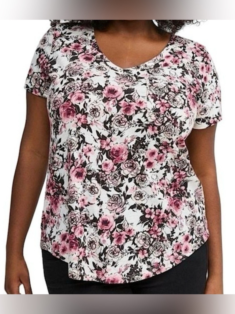 🩷 Heritage by Torrid Black and Pink Floral Print Slub Jersey T-Shirt